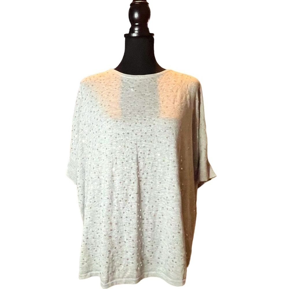 Jennifer Lopez Gray Sequin Short Sleeve Sweater, Size XL